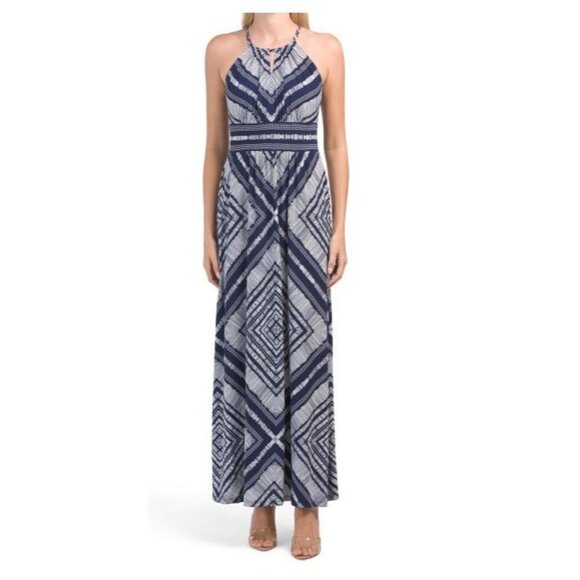 London Times Womens Blue Halter Diamond Print Jersey Knit Maxi Dress Sz 12 New - Picture 1 of 7